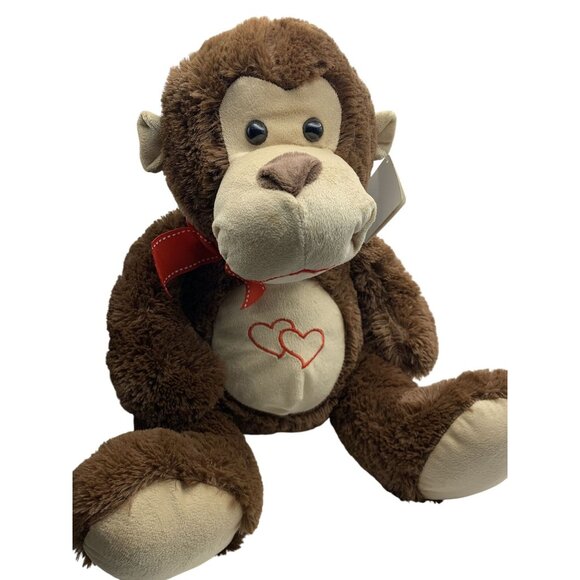 Cuddly Brown Monkey Plush Toy With Red Bow & Heart Embroidery - Ideal For Hugs - Picture 7 of 8